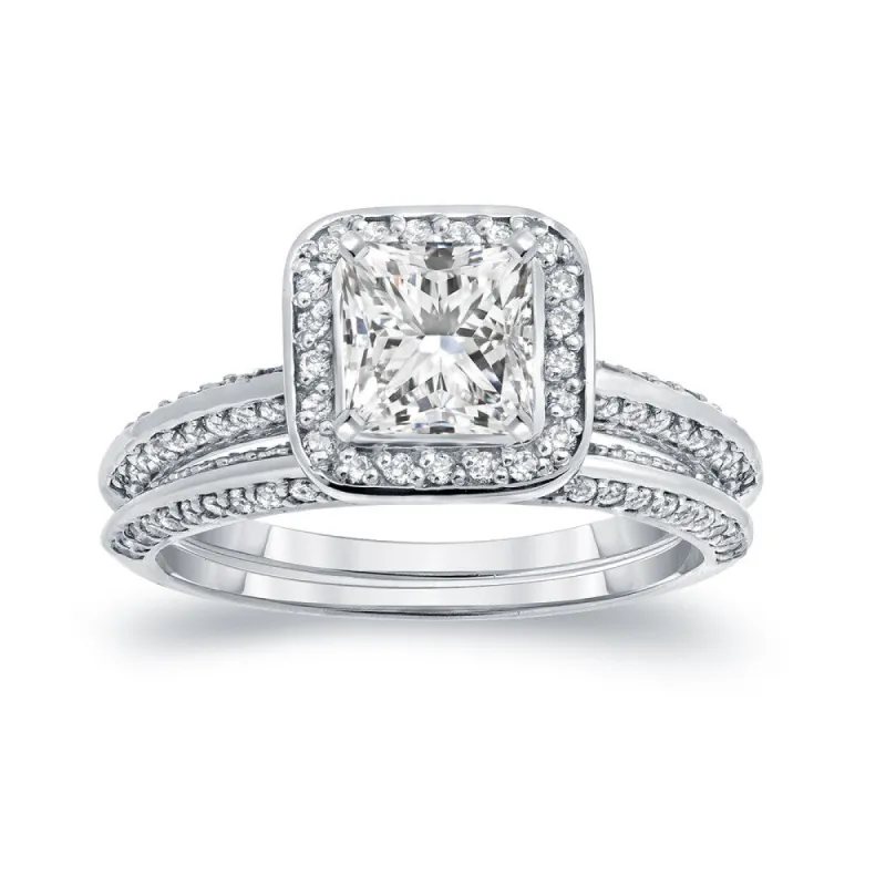 Auriya Modern 1 1/2ct TDW Princess-cut Diamond Halo Engagement Ring Set 14k White Gold Certified sold by Zulily