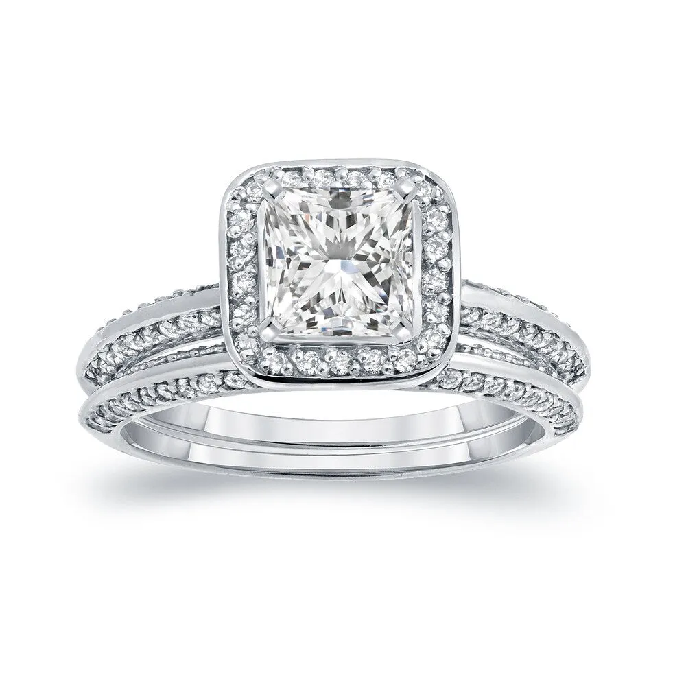 Auriya Modern 1 1/2ct TDW Princess-cut Diamond Halo Engagement Ring Set 14k White Gold Certified sold by Zulily