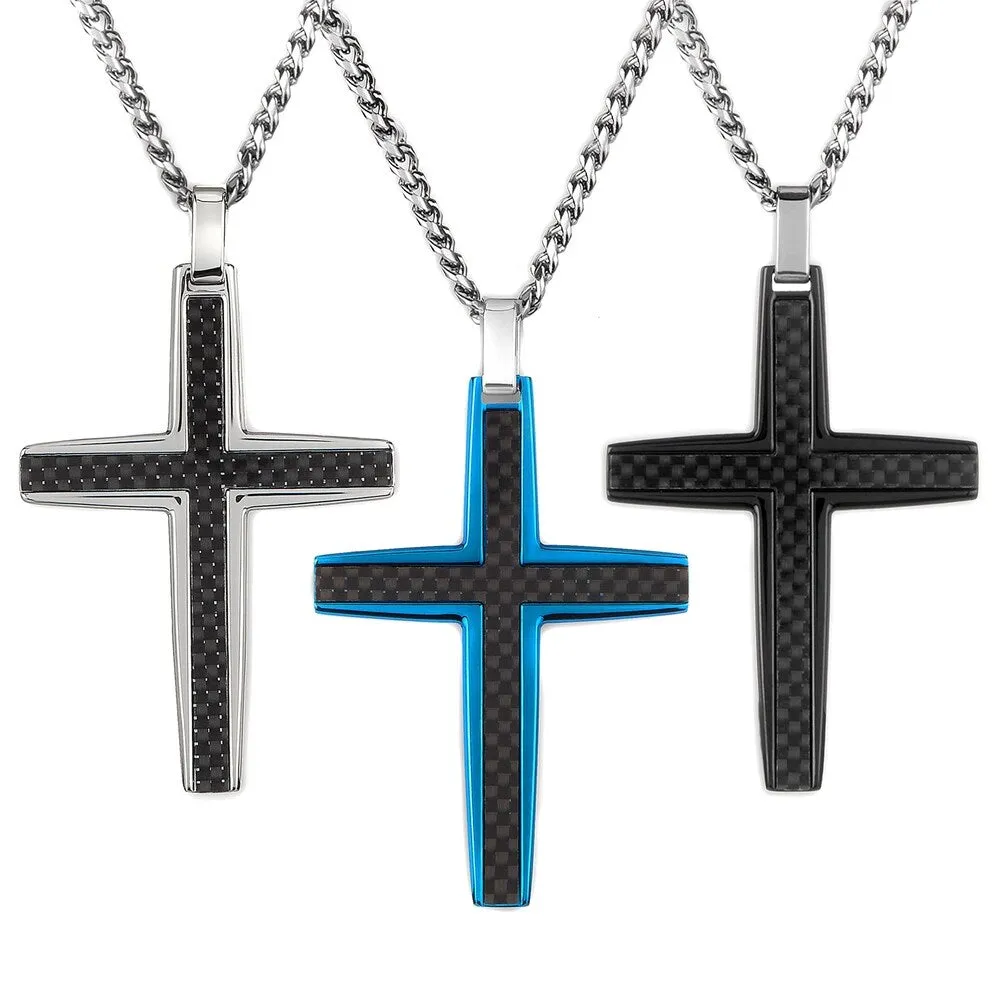 Men's Carbon Fiber Inlay Medium Cross Stainless Steel Pendant sold by Zulily