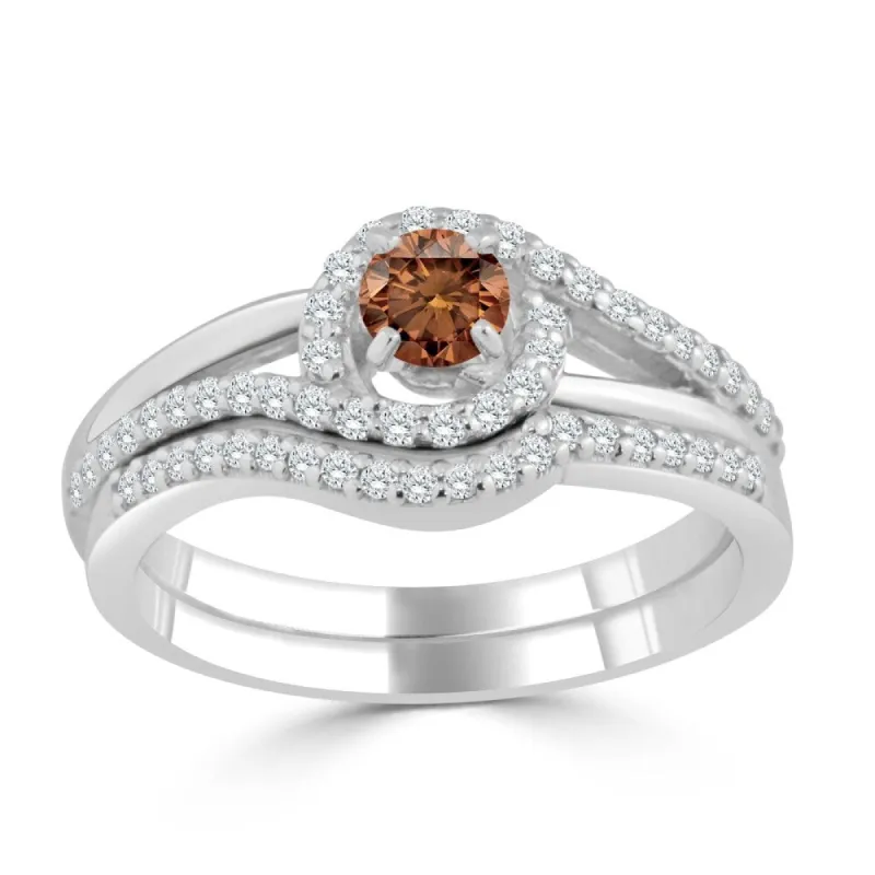 14k Gold Round 1/2ct TDW Brown Diamond Halo Swirl Engagement Ring Set by Auriya sold by Zulily