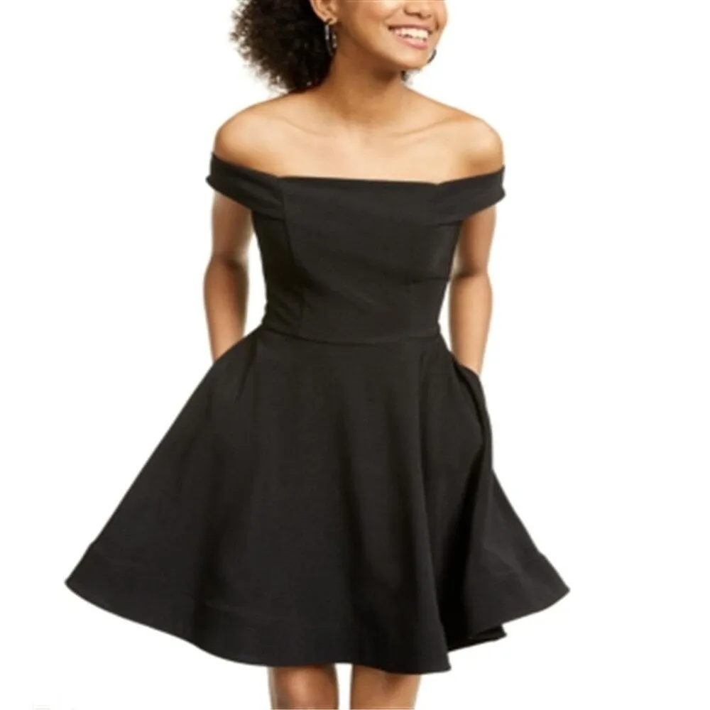 Crystal Doll Junior's Off the Shoulder Fit & Flare Dress Black Size 2XS sold by Zulily product image thumbnail 4