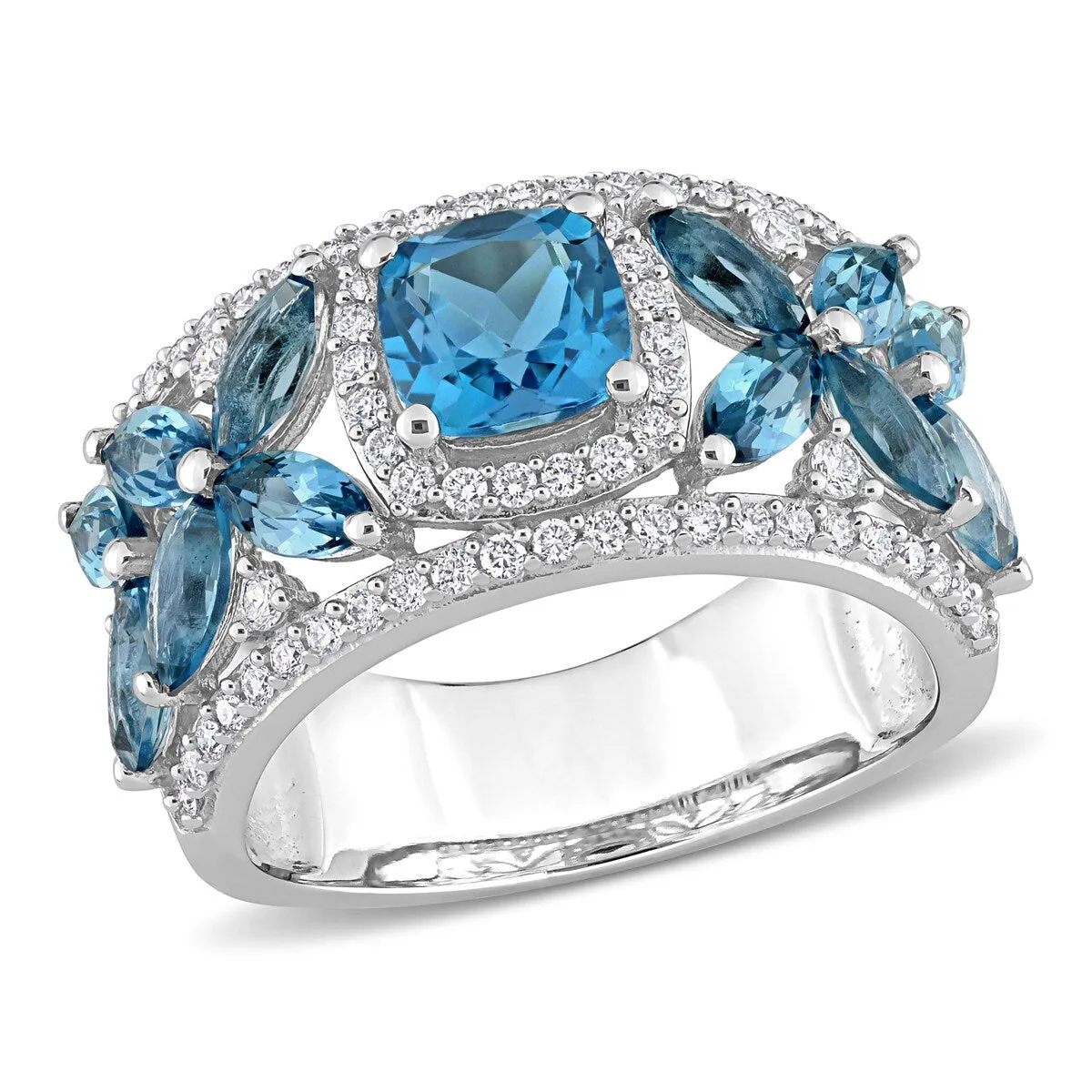Miadora 14k White Gold London-Blue Topaz and 1/2ct TDW Diamond Floral Anniversary Band Ring sold by Zulily product image thumbnail 2