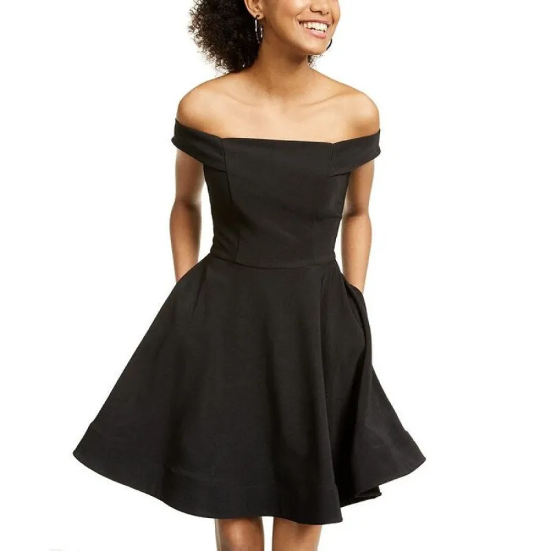 Crystal Doll Junior's Off the Shoulder Fit & Flare Dress Black Size 2XS sold by Zulily