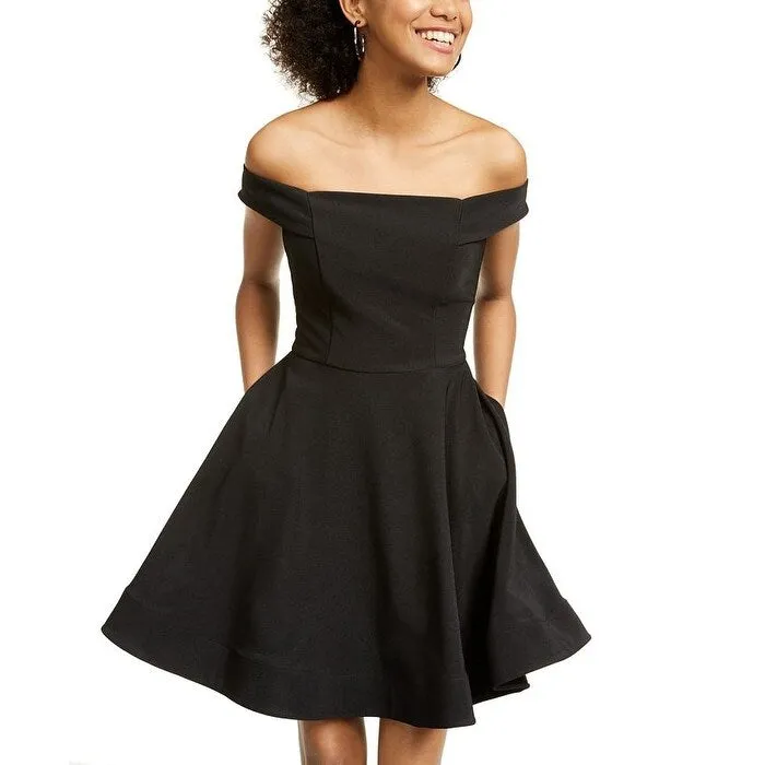 Crystal Doll Junior's Off the Shoulder Fit & Flare Dress Black Size 2XS sold by Zulily