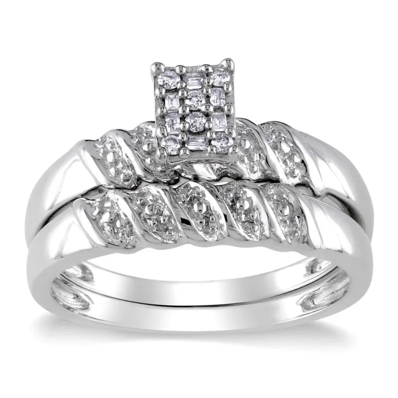 Miadora Sterling Silver 1/10ct TDW Baguette and Round-cut Diamond Cluster Bridal Ring Set sold by Zulily