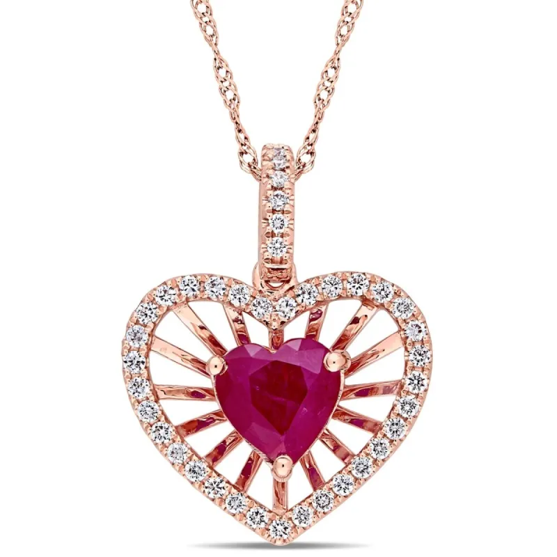 Miadora 14k Rose Gold Ruby and 1/4ct TDW Diamond Heart Halo Necklace sold by Zulily