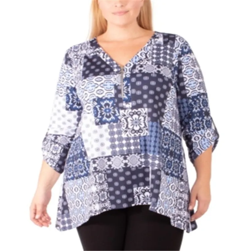 NY Collection Women's Printed Shark Bite Top Blue Size 2X sold by Zulily