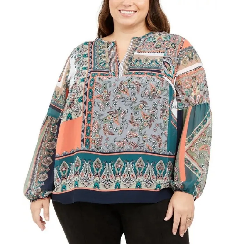 Tommy Hilfiger Women's Paisley Split Neck Top Blue Size 3X sold by Zulily