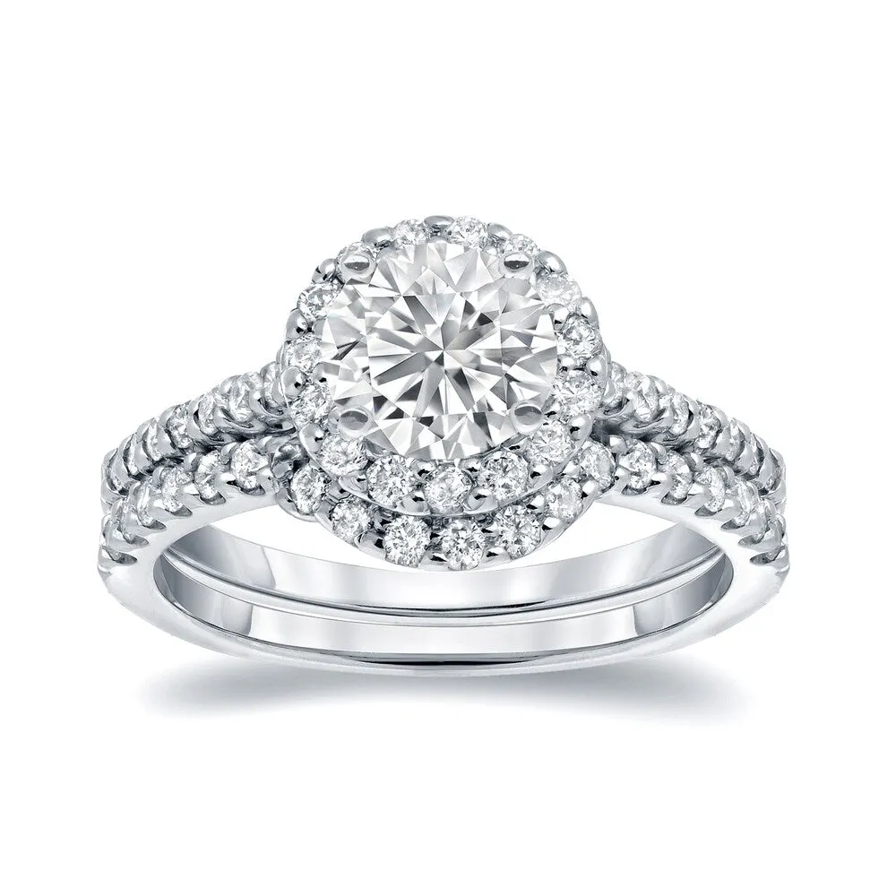 Auriya 1 1/4ct TDW Round Diamond Halo Engagement Ring Set 14k White Gold Certified sold by Zulily