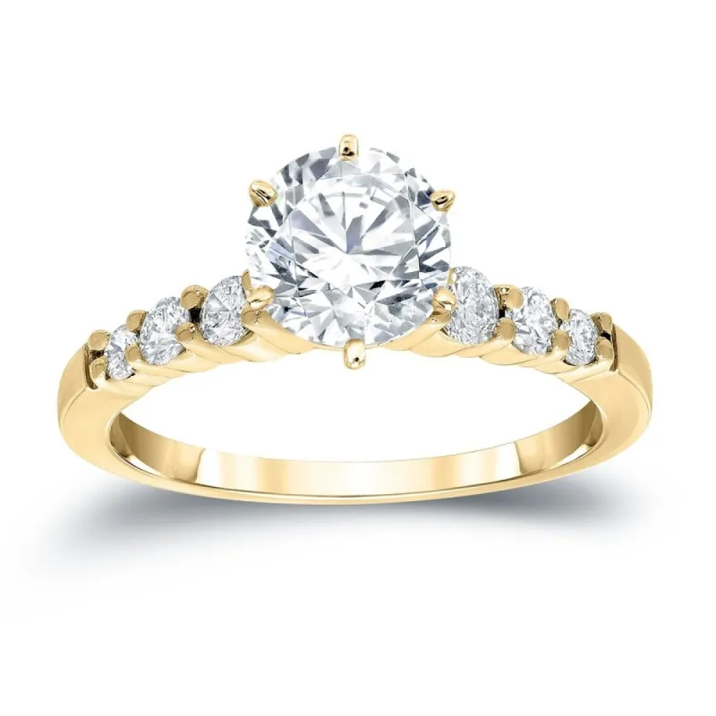 Auriya Classic 1 carat Round Moissanite and 1/3ct Side Stone Diamond Engagement Ring 14K Gold sold by Zulily