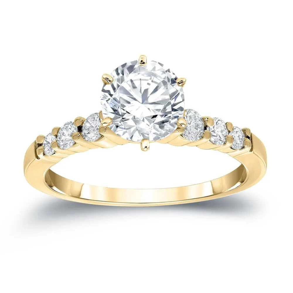 Auriya Classic 1 carat Round Moissanite and 1/3ct Side Stone Diamond Engagement Ring 14K Gold sold by Zulily