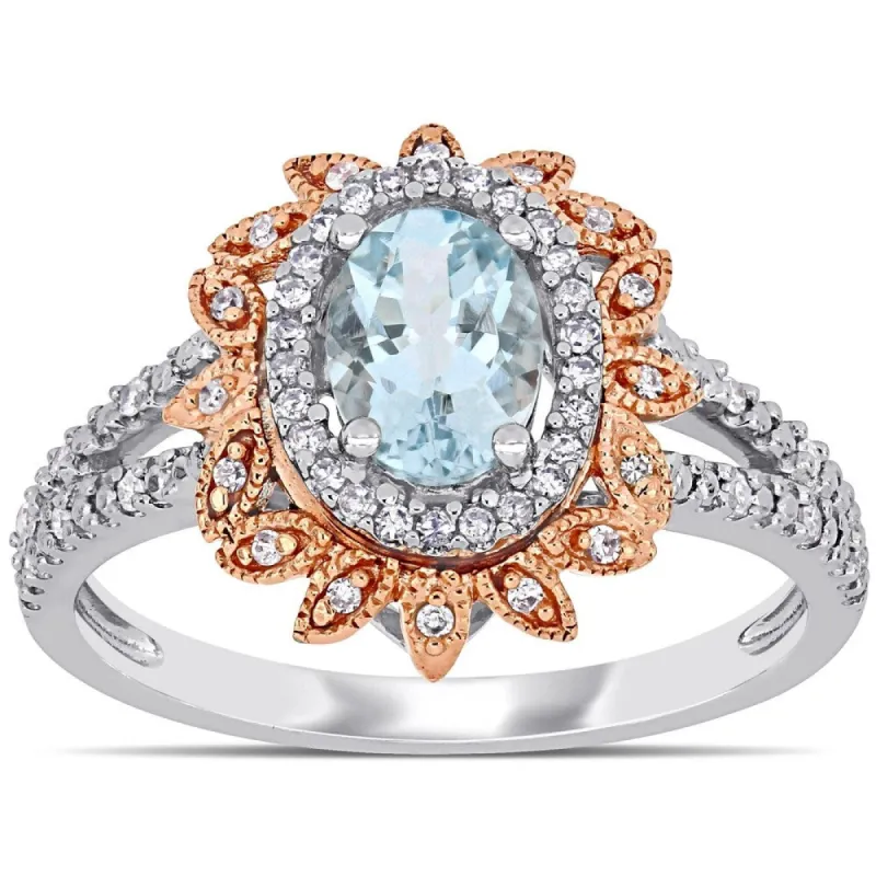 Miadora 10k 2-Tone Gold Oval-Cut Aquamarine and 1/5ct TDW Diamond Floral Halo Split Shank Ring sold by Zulily