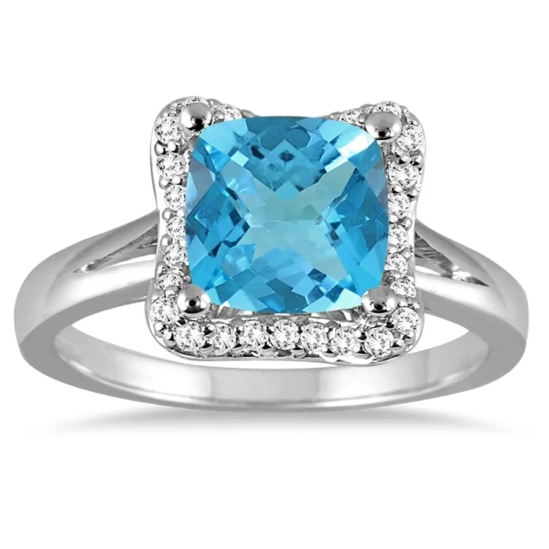 2 Carat Cushion Cut Blue Topaz and Diamond Ring in 14K White Gold sold by Zulily