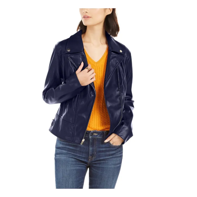 Tommy Hilfiger Women's Faux Leather Motorcycle Jacket Blue Size X-Small sold by Zulily
