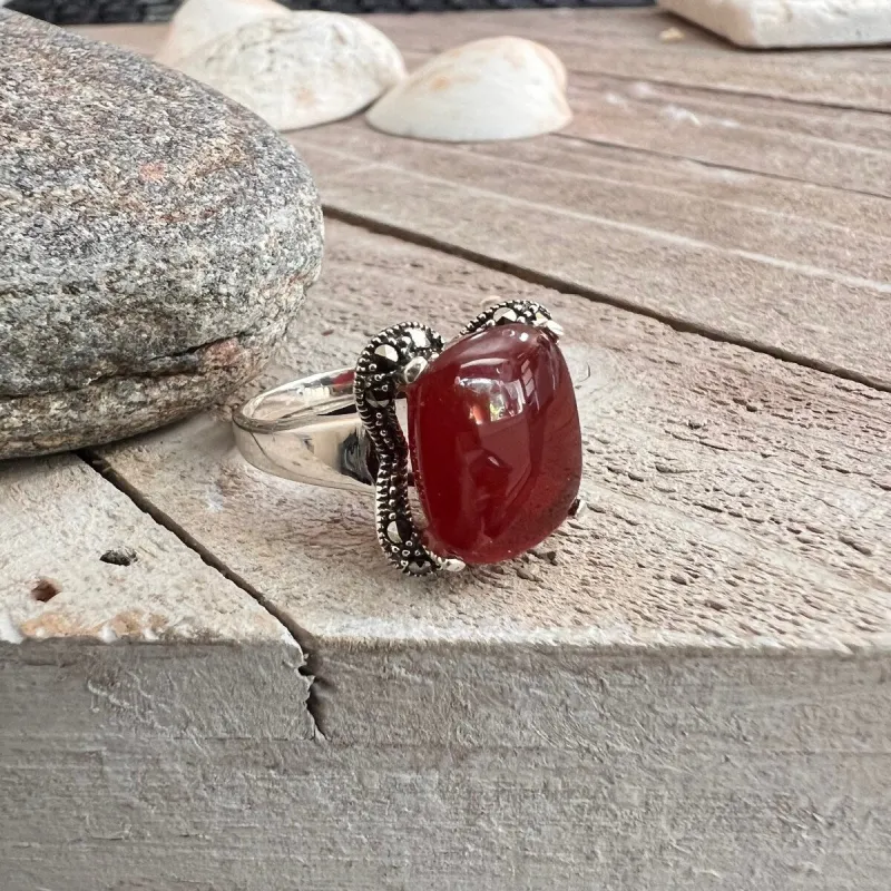 Tang & song Sterling Silver and Marcasite Cushion Genuine Red Carnelian Ring sold by Zulily