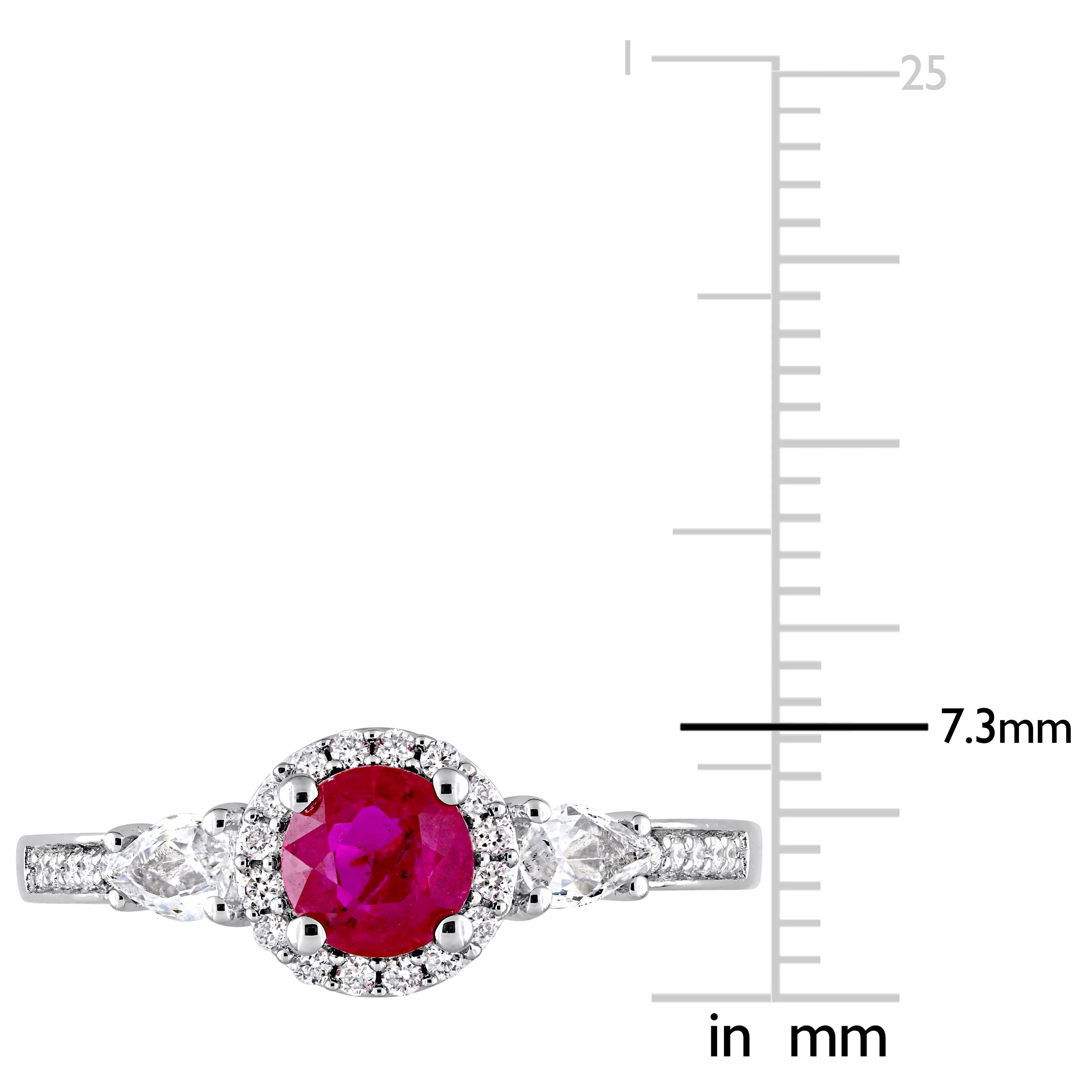 Miadora 1ct TGW Ruby and White Sapphire 3-Stone Ring 1/8ct TW Diamond Halo in 14k White Gold sold by Zulily product image thumbnail 3