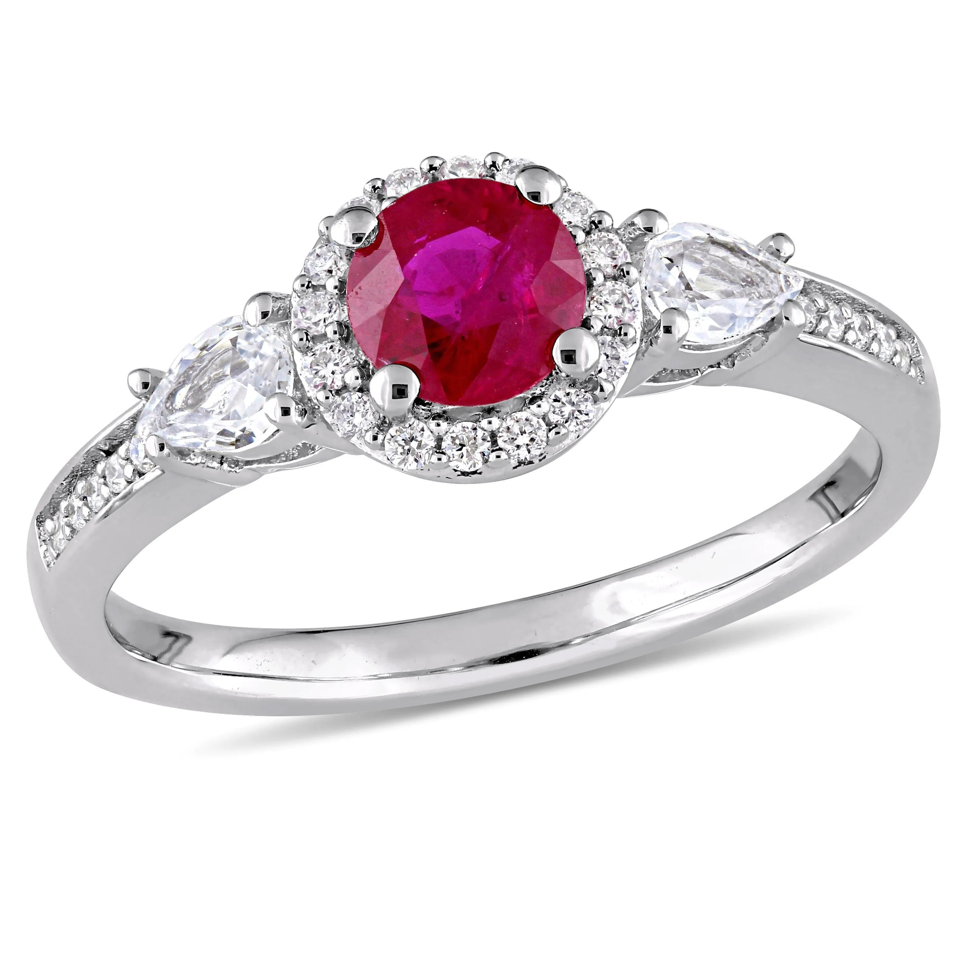 Miadora 1ct TGW Ruby and White Sapphire 3-Stone Ring 1/8ct TW Diamond Halo in 14k White Gold sold by Zulily