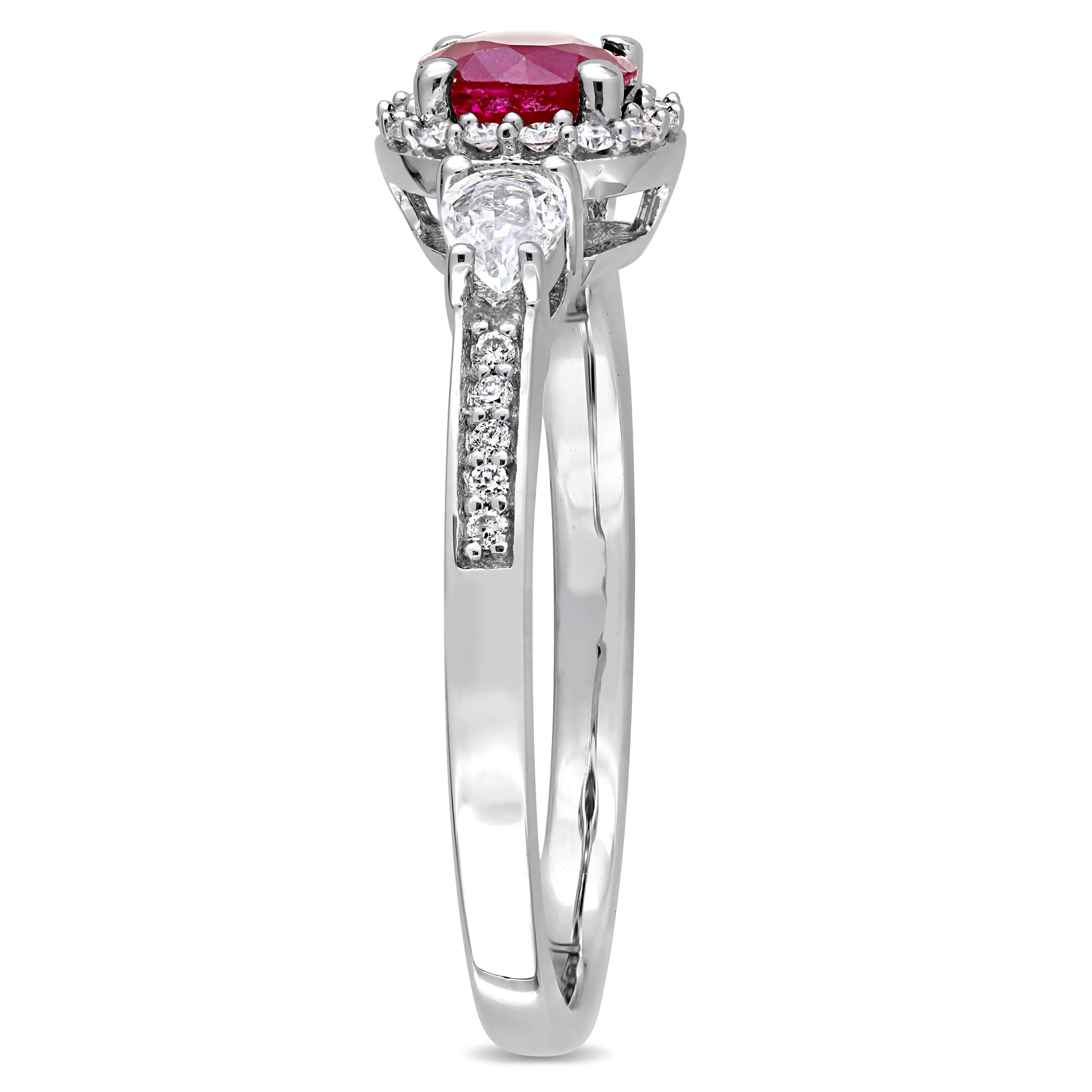 Miadora 1ct TGW Ruby and White Sapphire 3-Stone Ring 1/8ct TW Diamond Halo in 14k White Gold sold by Zulily product image thumbnail 2