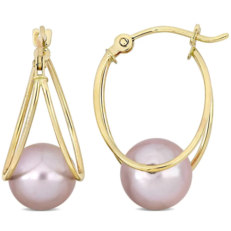 Miadora 8-8.5mm Cultured Freshwater Pink Pearl Drop Hoop Earrings in 10k Yellow Gold sold by Zulily