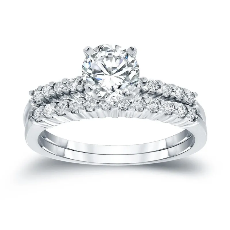 Auriya 14k Gold 3ctw Round Moissanite and 1/3ct TDW Diamond Engagement Ring Set sold by Zulily