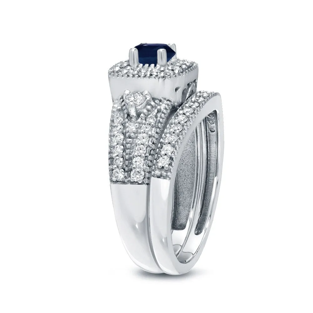 Auriya Vintage Inspired 1/5ct Blue Sapphire and 1/2ctw Halo Diamond Engagement Ring Set 14kt Gold sold by Zulily product image thumbnail 5