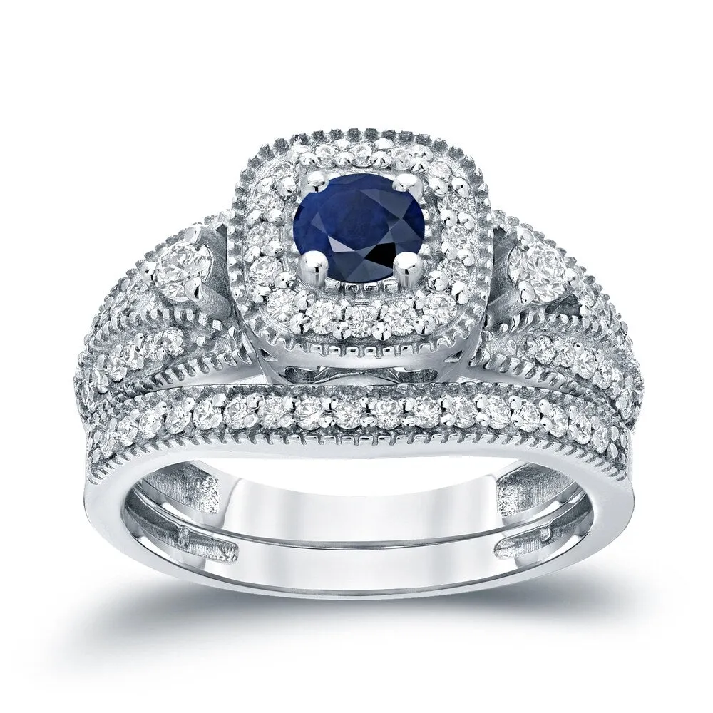 Auriya Vintage Inspired 1/5ct Blue Sapphire and 1/2ctw Halo Diamond Engagement Ring Set 14kt Gold sold by Zulily
