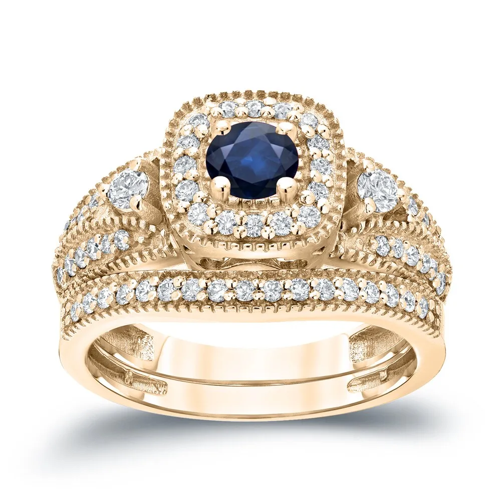 Auriya Vintage Inspired 1/5ct Blue Sapphire and 1/2ctw Halo Diamond Engagement Ring Set 14kt Gold sold by Zulily product image thumbnail 2