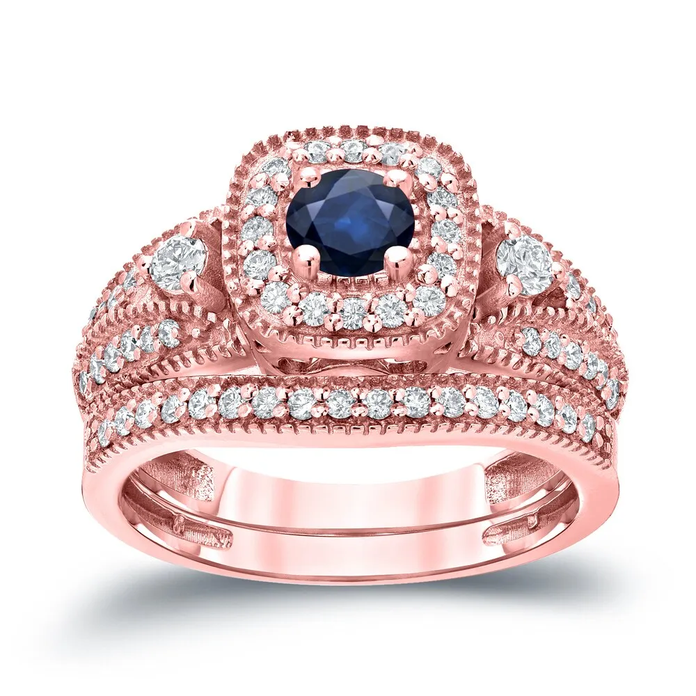 Auriya Vintage Inspired 1/5ct Blue Sapphire and 1/2ctw Halo Diamond Engagement Ring Set 14kt Gold sold by Zulily product image thumbnail 3