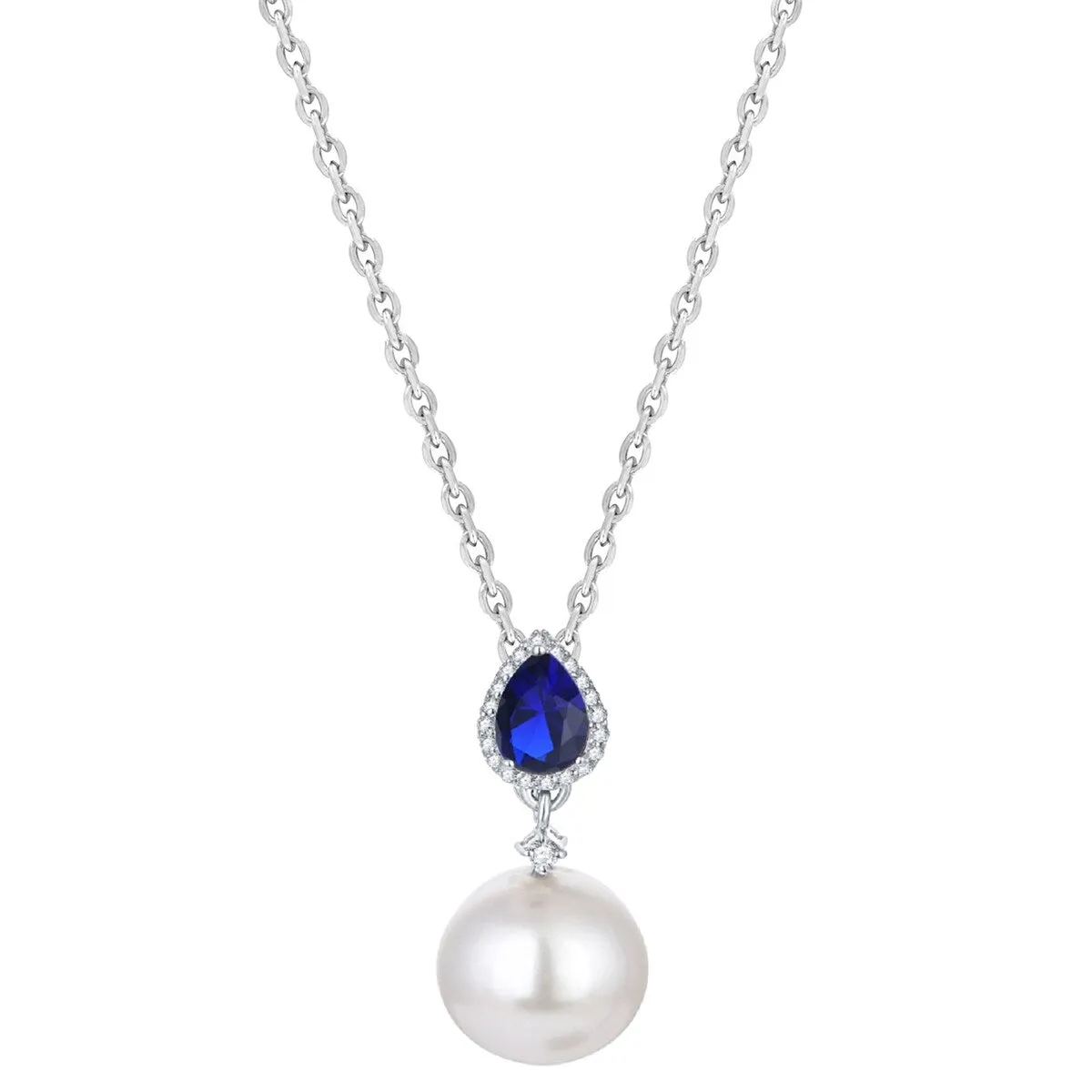 Blue Sapphire and 14mm Shell Pearl Sterling Silver Drop Pendant Necklace sold by Zulily