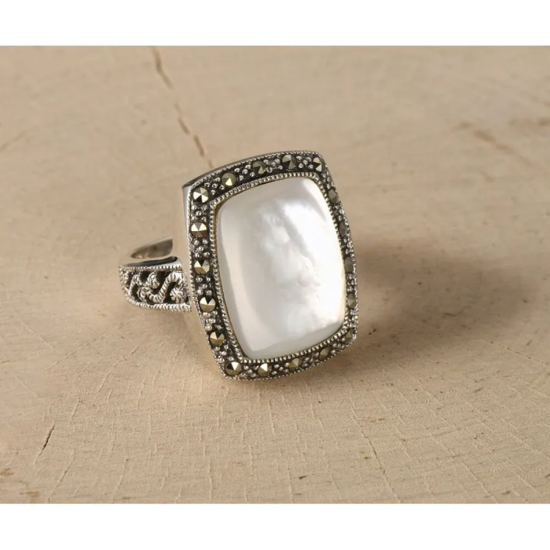 Tang & Song Sterling Silver and Rectangular Mother of Pearl Marcasite Wrapped Ring sold by Zulily