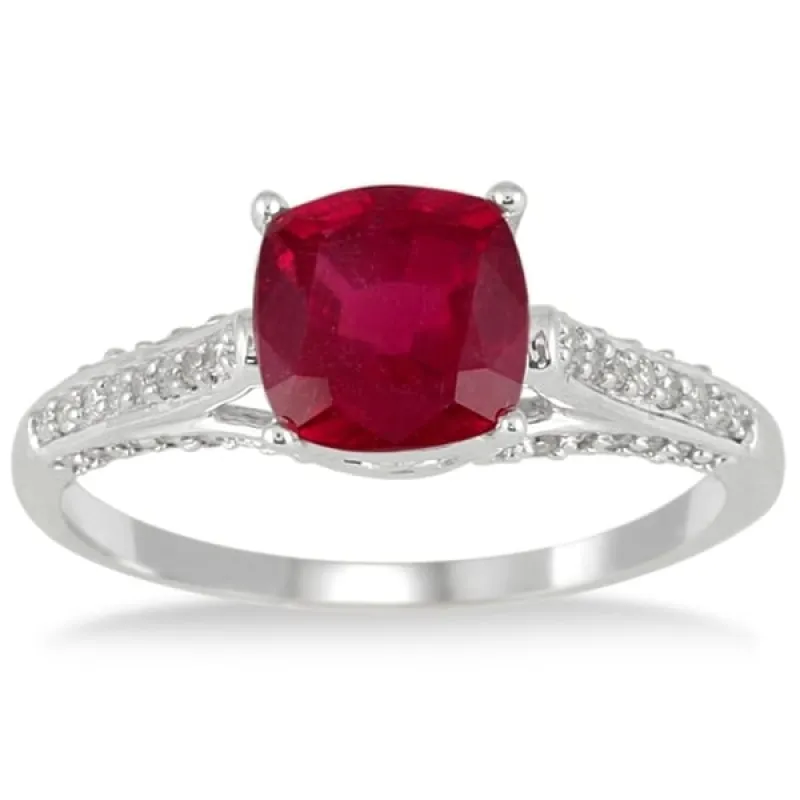 2.25 Carat Cushion Cut Ruby and Diamond Ring in 10K White Gold sold by Zulily