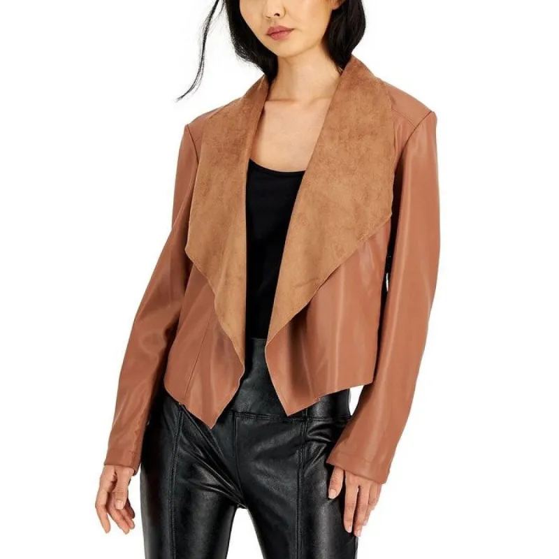 Tinsel Women's Faux Leather Flyaway Collar Jacket Brown Size Petite Small sold by Zulily