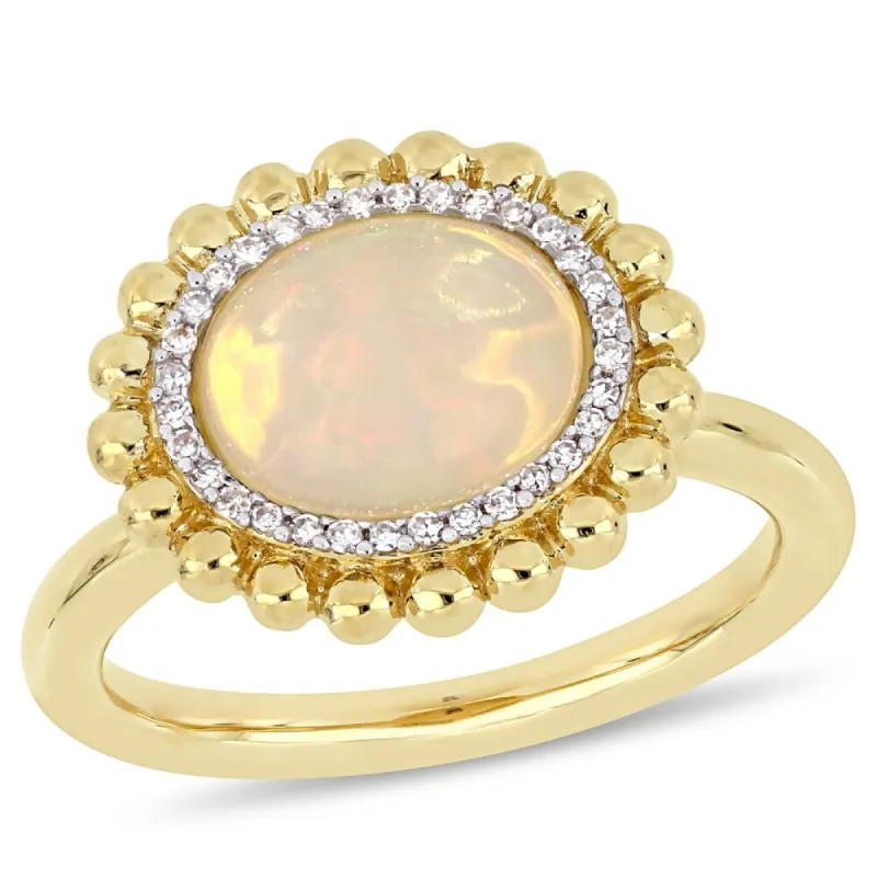 Miadora 14k Yellow Gold Blue-Hued Ethiopian Opal and 1/10ct TDW Diamond Beaded Halo Ring sold by Zulily