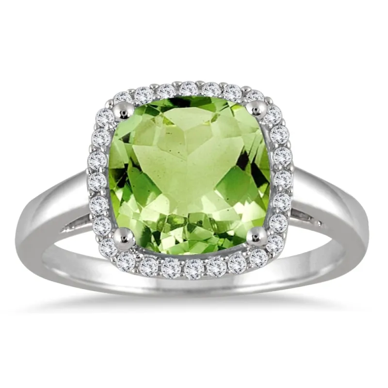 Peridot and Diamond Halo Ring in 10K White Gold sold by Zulily