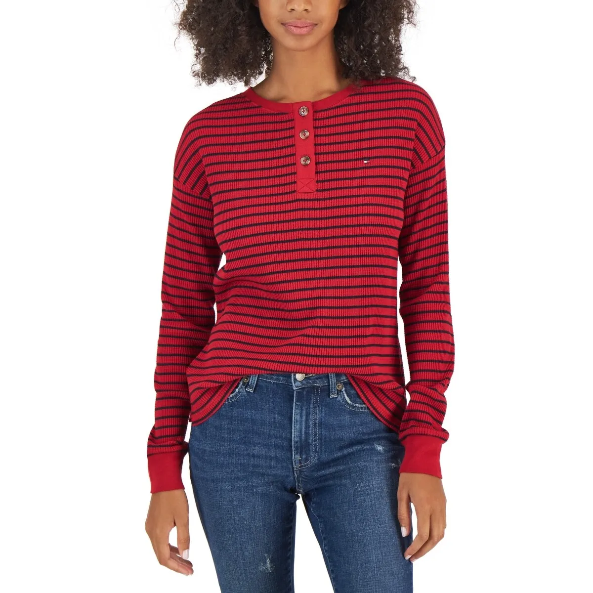Tommy Hilfiger Women's Long Sleeve Striped Boxy Henley Top Red Size X-Large sold by Zulily