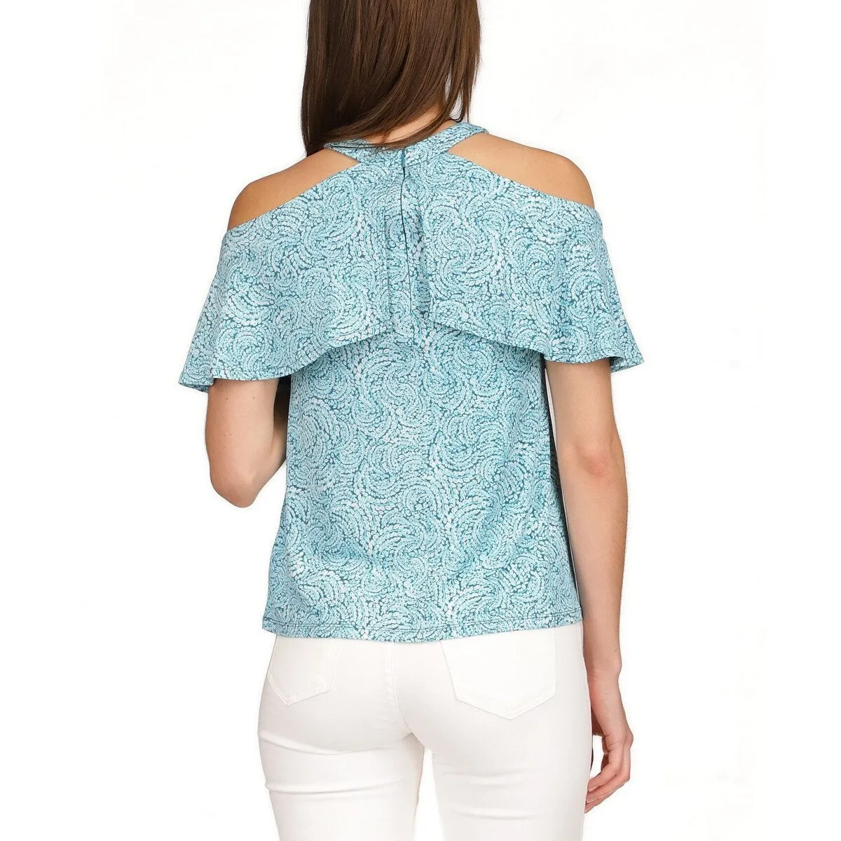 Michael Kors Women's Printed Flounce Cold Shoulder Top Blue Size Large sold by Zulily product image thumbnail 2