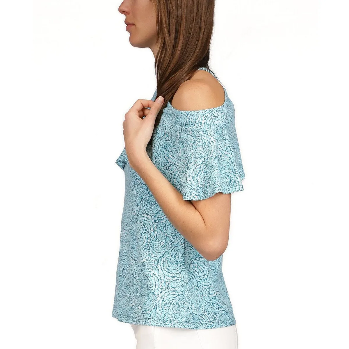 Michael Kors Women's Printed Flounce Cold Shoulder Top Blue Size Large sold by Zulily product image thumbnail 3