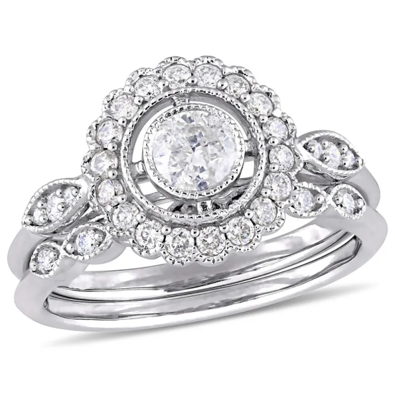 Miadora 10k White Gold 3/4ct TDW Diamond Halo Floral Bridal Ring Set sold by Zulily