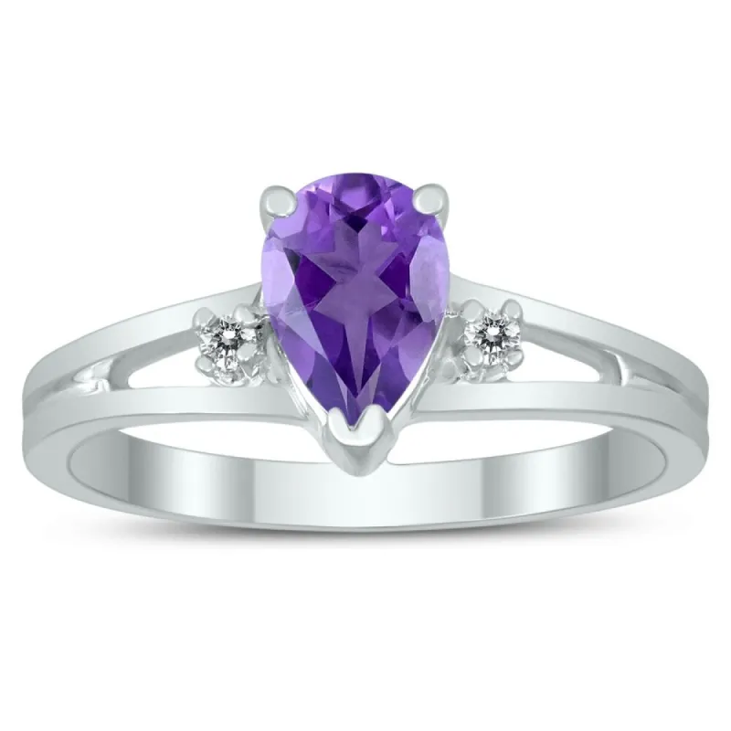 7X5MM Amethyst and Diamond Pear Shaped Open Three Stone Ring in 10K White Gold sold by Zulily