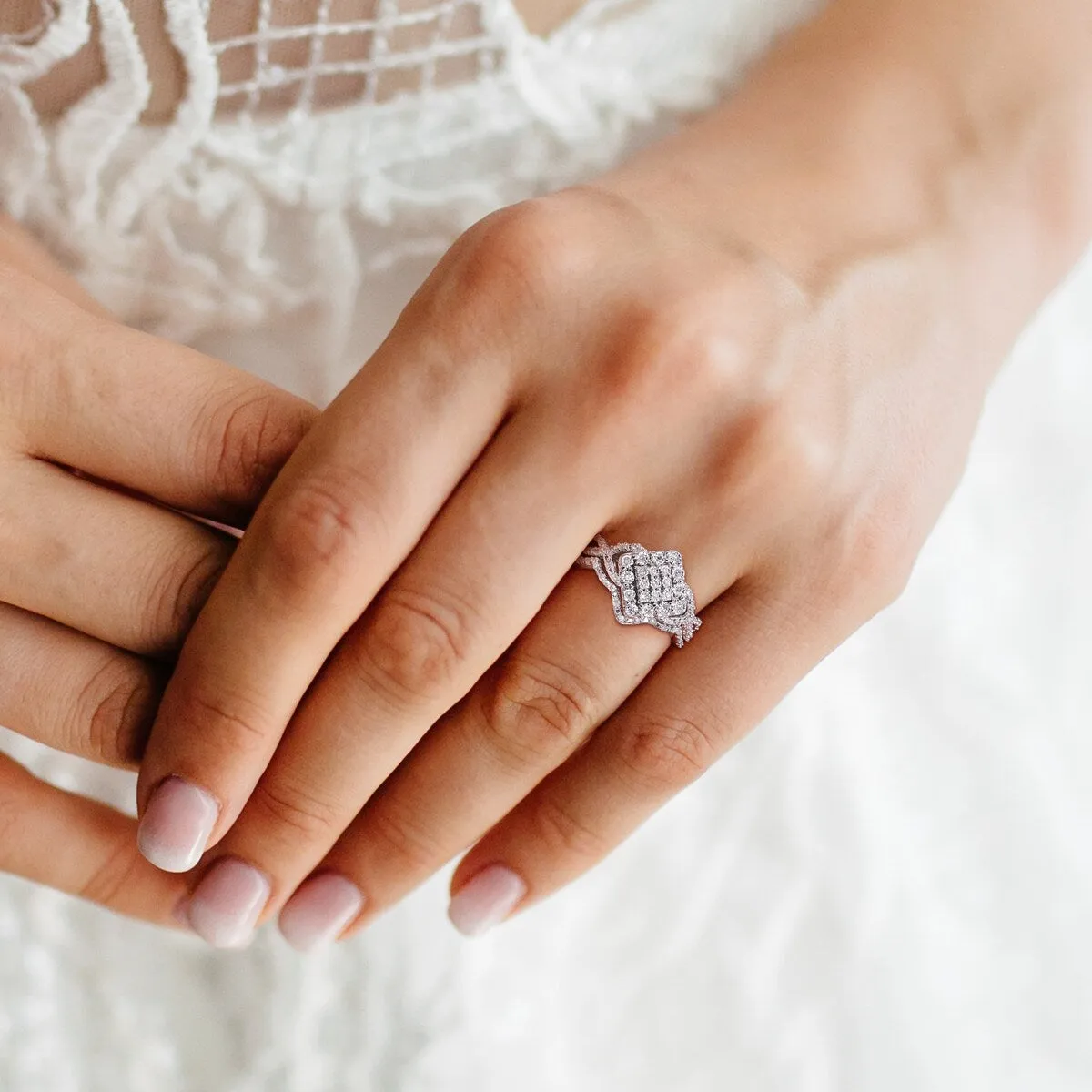 Miadora Sterling Silver 1/4ct TDW Diamond Vintage Clustered Split Shank Bridal Ring Set sold by Zulily product image thumbnail 3