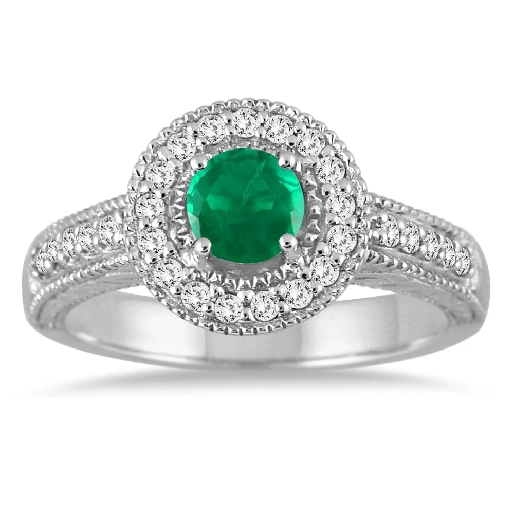 Emerald and Diamond Halo Ring in 10K White Gold sold by Zulily