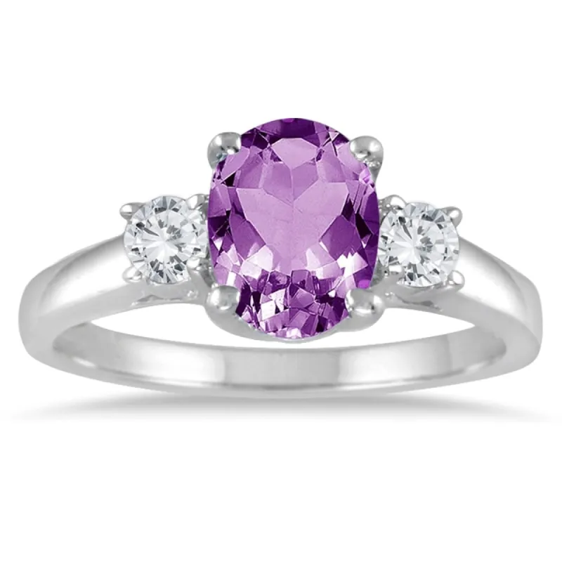 1 3/4 Carat Amethyst and Diamond Three Stone Ring 14K White Gold sold by Zulily