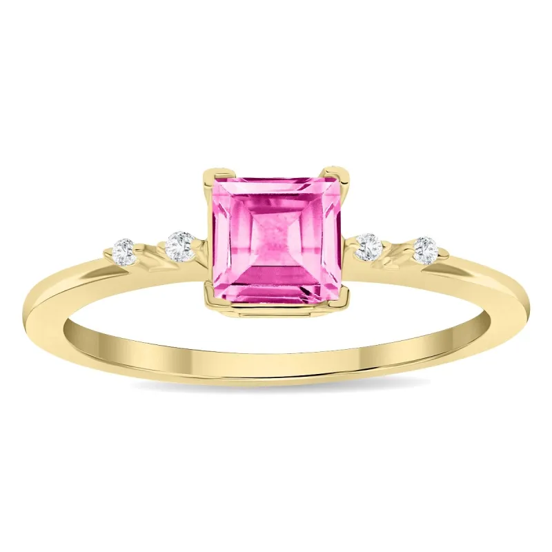 Women's Square Shaped Pink Topaz and Diamond Sparkle Ring in 10K Yellow Gold sold by Zulily