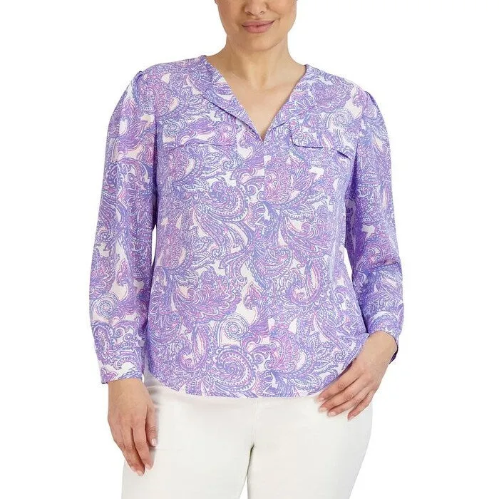 Jones New York Women's Paisley Print Simplified Utility Blouse Purple Size 1X sold by Zulily