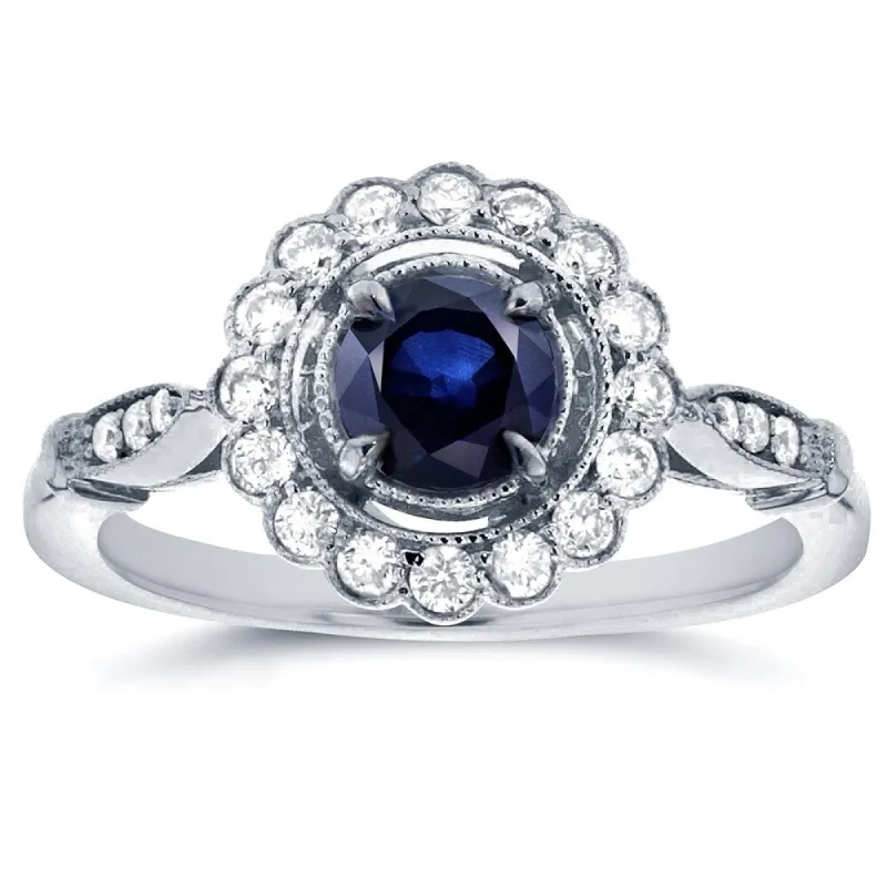 Annello by Kobelli 14k White Gold Round-cut Sapphire and 1/4ct TDW Diamond Art Deco Flower Engagemen sold by Zulily