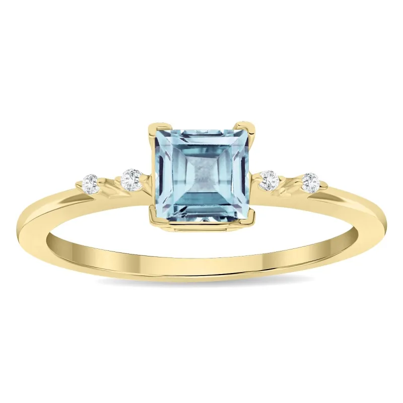 Women's Square Shaped Aquamarine and Diamond Sparkle Ring in 10K Yellow Gold sold by Zulily