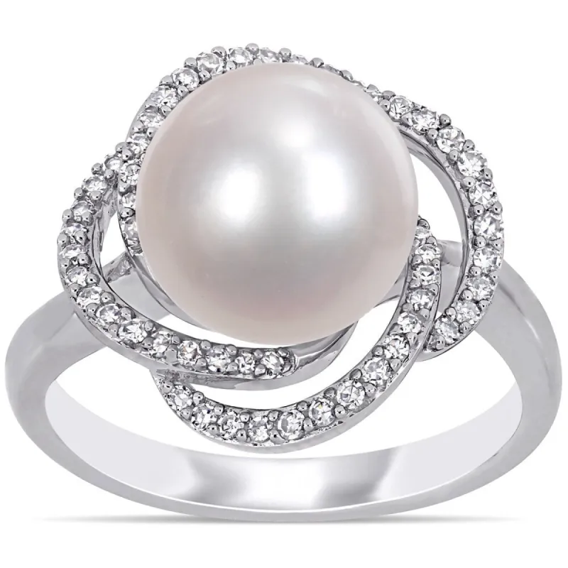 Miadora 14k White Gold Cultured FW Pearl and 1/4ct TDW Diamond Crossover Halo Ring (10-11 MM) sold by Zulily
