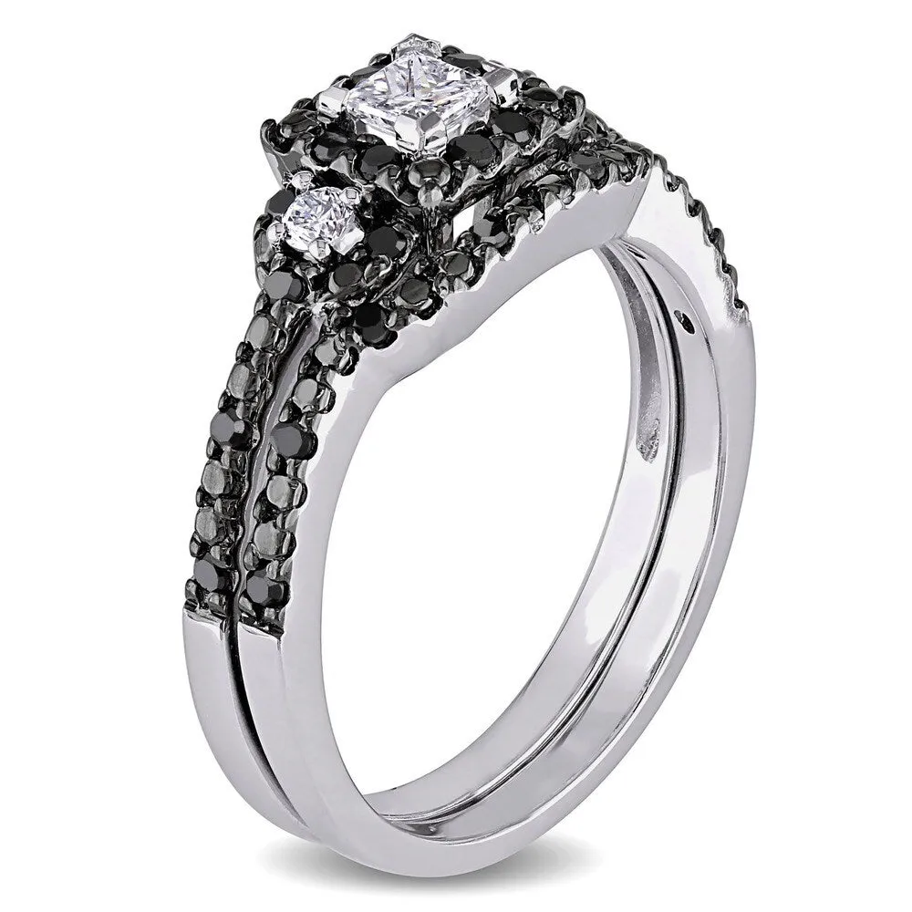 Miadora 10k White Gold 1/2ct TDW Princess and Round-cut Black and White Diamond Halo Bridal Ring Set sold by Zulily product image thumbnail 2