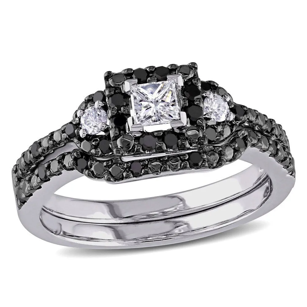 Miadora 10k White Gold 1/2ct TDW Princess and Round-cut Black and White Diamond Halo Bridal Ring Set sold by Zulily