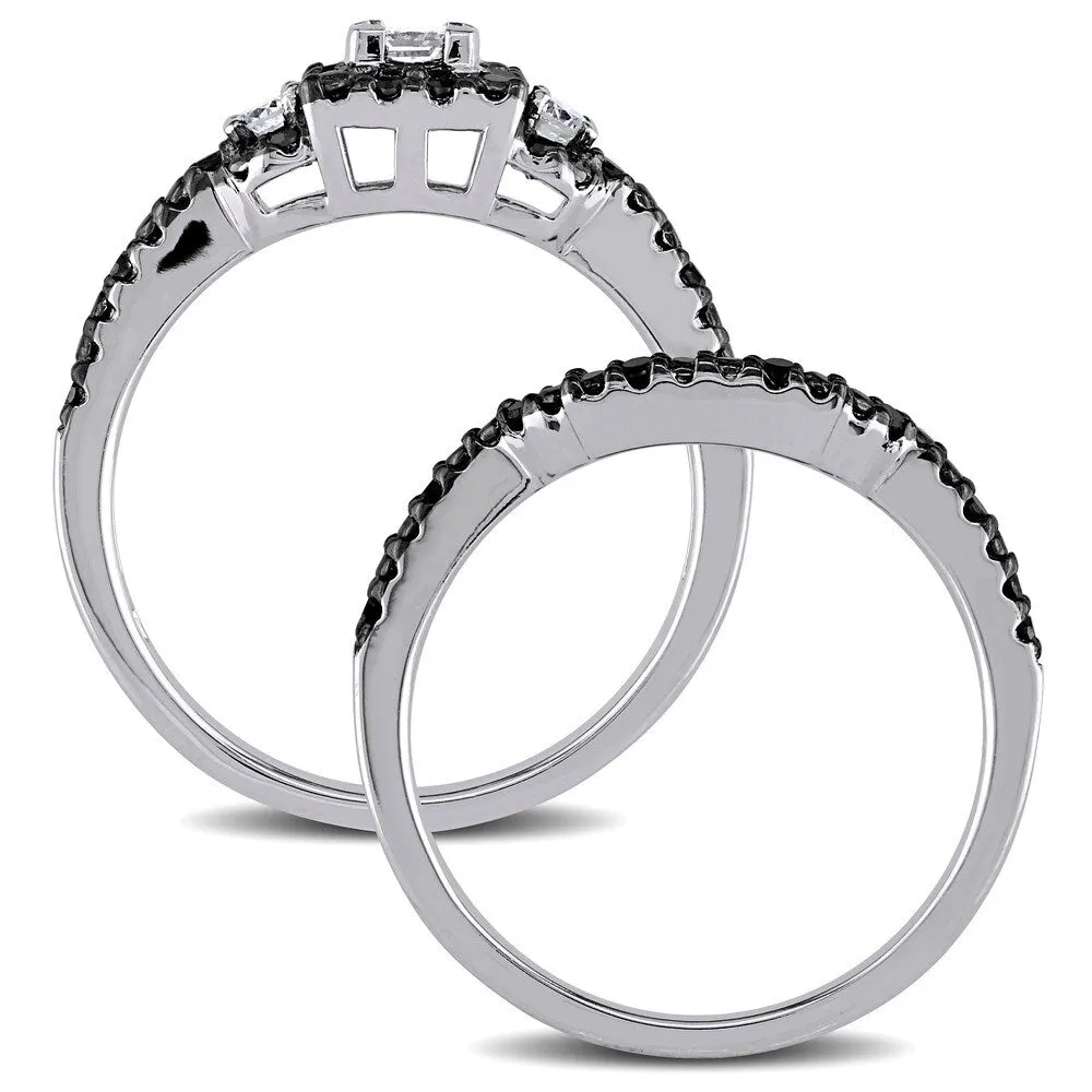 Miadora 10k White Gold 1/2ct TDW Princess and Round-cut Black and White Diamond Halo Bridal Ring Set sold by Zulily product image thumbnail 4